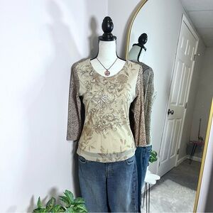 Coldwater Creek 90s Tan Floral Sequence Blouse